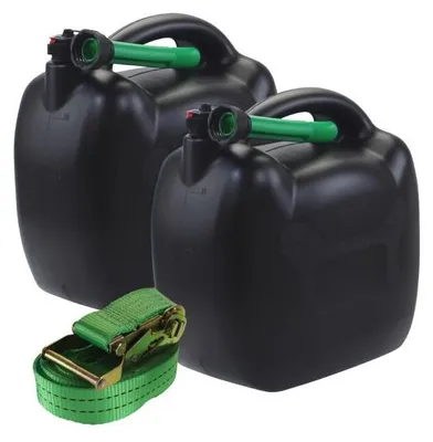 Immagine prodotto di 2 taniche per benzina da 20 litri in plastica nera con tubo di riempimento verde, omologazione UN; set con cinghia di fissaggio da 6 m e 38 mm