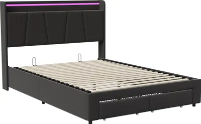 Obrázok produktu pre Manželská posteľ 160 x 200 cm s LED osvetlením, USB pripojením, úložným priestorom, čalúneným čelom, čierna