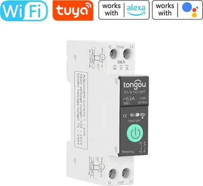 Zdjęcie produktu dla TONGOU Tuya WiFi Smart Circuit Breaker z pomiarem 1P 63A Szyna DIN Obsługuje 3 tryby czasowe Wiele zabezpieczeń APP Zdalne sterowanie Kompatybilny z Alexa Google Assistant dla urządzeń domowych