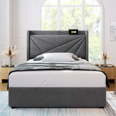 Immagine prodotto di okwish Letto singolo imbottito 90x200 cm, con vano portaoggetti integrato, testiera con funzione di ricarica USB Type-C, struttura in legno massello con rete, grigio (senza materasso)