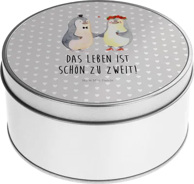 Produktbild von Mr. & Mrs. Panda Geschenkdose Pinguin Heirat - Grau Pastell - Geschenk, keksdosen, plätzchendosen, Hochzeit, Mann, Kaffeedose, Just Married, Aufbewahrungsdose, Heiraten