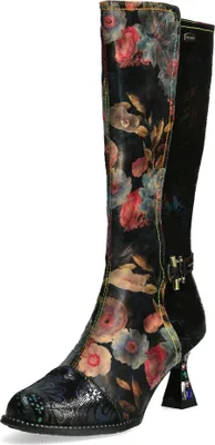 Produktbild von Laura Vita Damen Stiefel Leder Langschaft Blumen Zierriemen Cap Toe Oliveo 02, Größe:39 EU, Farbe:Mehrfarbig