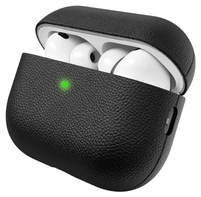 Immagine prodotto di Custodia in pelle artigianale KeyBudz per AirPods Pro 3 – Realizzata a mano con pelle italiana di alta qualità – Robusta protezione in policarbonato a 4 strati – Compatibile con sistemi di ricarica cablati e wireless – Colore: nero