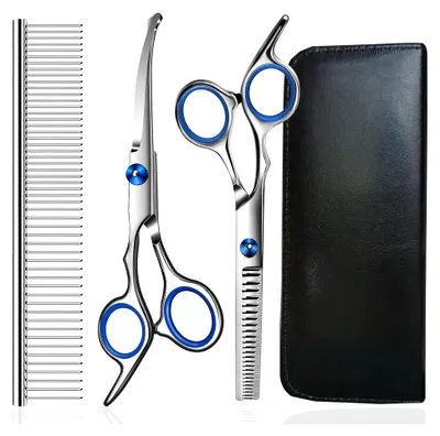 Produktbild von Hundepflegeschere, 4-in-1-Hundepflegeset mit runder Sicherheitsspitze, professionelles Fellpflegeset mit Haarschneideschere, Stahlkamm und Ledertasche für Hunde