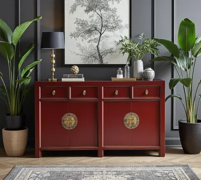 Produktbild von Sideboard Kommode Schrank Anrichte Büffet Asia Möbel aus Holz dunkel-rot scarlet-red chinesisch asiatisch orientalisch Vintage Stil komplett montiert