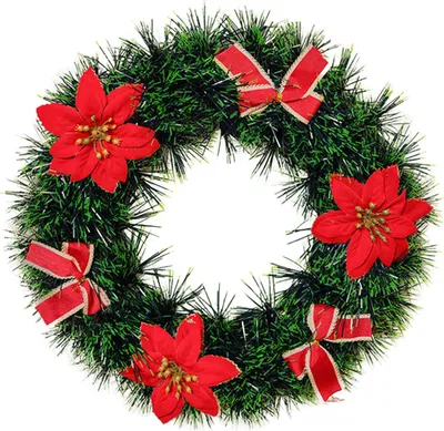 Produktbild von Weihnachtskranz für die Haustür, künstlicher Tannennadelkranz mit Kugeln, Schleifen, Blumen, „Frohe Weihnachten“, hängende Dekoration für Zuhause, Wand, Fenster, Veranda, Innen- und Außendekoration