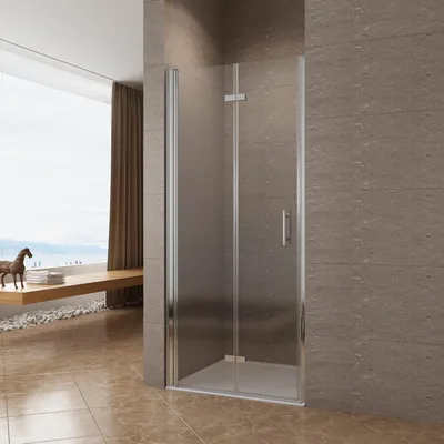 A modern bathroom with a shower enclosure, large window, and decorative horse statue.