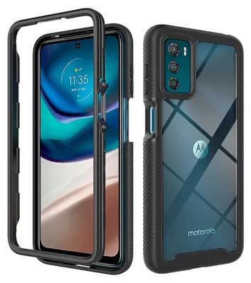 A phone case is shown in two configurations: one disassembled and one assembled.