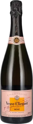 A bottle of Veuve Clicquot Rosé champagne against a white background.