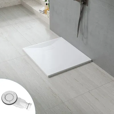 Produktbild von AQUALAVOS 90x80cm Rechteckige superflache SMC Duschtasse Antirutsch Weiß Steinoptik zuschneidbar bodenebene Montage Duschwanne mit Ablaufgarnitur