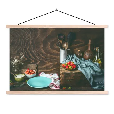 Produktbild von MuchoWow® Textilposter Rustikal - Obst - Küchenutensilien - Erdbeere 60x40 cm mit holzfarbenen Rahmen - Bilder
