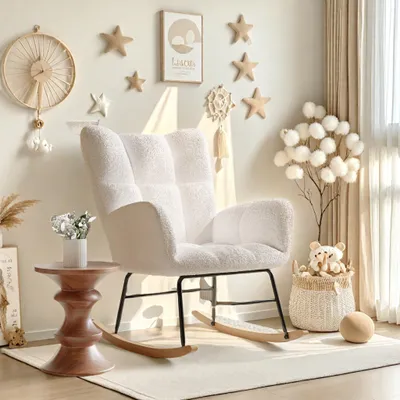 A cozy nursery or living room setting with a white teddy-velvet rocking chair as the focal point.