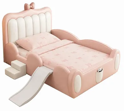 Immagine prodotto di Letto per bambini rosa con sponde laterali, dotato di scivolo e scaletta, ideale per bambine, Immagine generata dall'IA