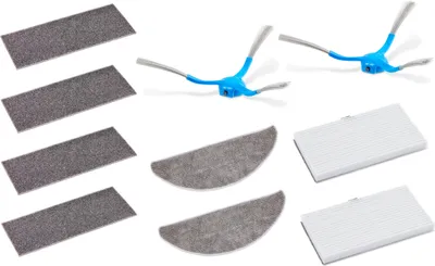 A collection of cleaning accessories for a robot vacuum cleaner, including side brushes, filters, and mop pads, laid out on a white background.