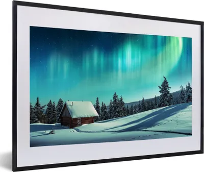 Produktbild von MuchoWow® MuchoWow® Gerahmtes Poster Nordlichter - Schnee - Haus - Winter 60x40 cm - Poster mit zchwarzem Bilderrahmen - Schlafzimmer - Plakat in Rahmen - Drucken