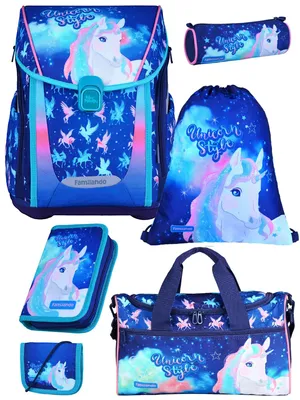 Produktbild von PREMIUM Mädchen Schulranzen 1. Klasse in Blau Rosa mit UNICORN Einhorn Motiv 6-teilig Schultaschen Set mit Federmäppchen