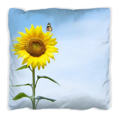 Produktbild von Wallario Premium Kissen, weiche Oberfläche, mit Motiv Sonnenblume mit Schmetterling, Größe: 40 x 40 cm, mit weißer Rückseite