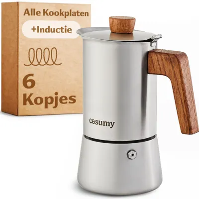 Produktbild von Espressokocher aus Edelstahl und Eichenholz - Für 6 Tassen - Induktionsgeeignet