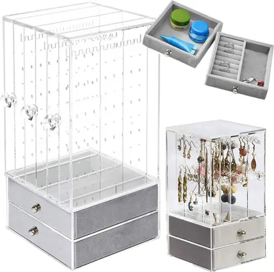 A collage of acrylic jewelry organizers with velvet drawers, displaying various types of jewelry.