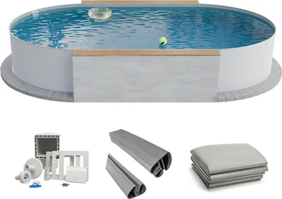 Produktbild von Fresh-Pool Profi Stahlwandpool Set oval, 600x320x150 cm, Stahl 0,8 mm weiß, Folie 0,8 mm grau, Einhängebiese