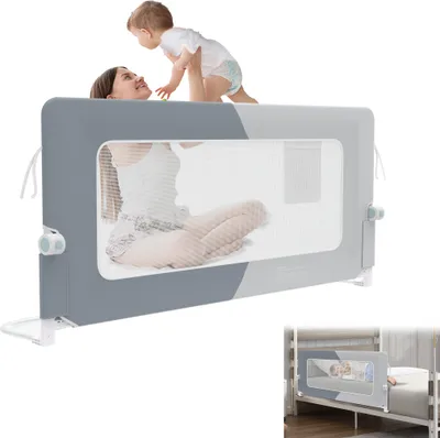 Produktbild von UISEBRT 150cm höhenverstellbares Rausfallschutz-Bettgitter, klappbar, 180 Grad drehbar, für Kinderbetten und Elternbetten, dunkel- und hellgrau