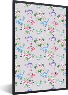 Produktbild von MuchoWow® Gerahmtes Poster Kinderzimmer - Blumen - Muster - Mädchen - Kinder - Rosa - Kind 60x90 cm - Poster mit Schwarzem Bilderrahmen Wandposter Rahmen Foto Bilder - Kunst