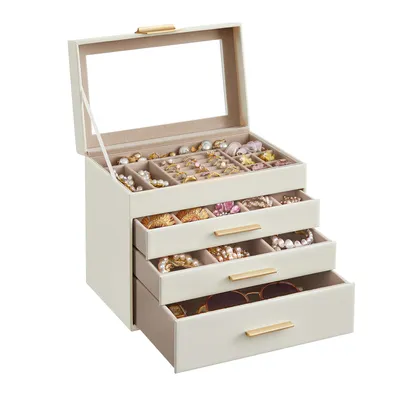 Produktbild von SONGMICS Schmuckkästchen, Schmuckkasten mit 4 Ebenen, Schmuckbox mit Glasdeckel, 3 Schubladen