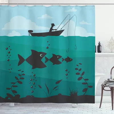Produktbild von ABAKUHAUS Angeln Duschvorhang, Angeln auf dem Boot Nautik, Set inkl.12 Haken aus Stoff Wasserdicht Bakterie und Schimmel Abweichent, 175 x 180 cm, Blue Teal
