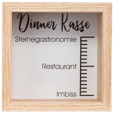 Produktbild von Spardose aus Holz in Form eines Bilderrahmens mit Glas, 14,5 x 14,5 x 6,5 cm – Sparliste mit Sichtfenster und Münzeinwurf – dekorative Spardose für Geldspenden und besondere Sparziele – Essenskasse