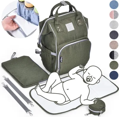 Produktbild von Daliya® PAKMI Wickelrucksack mit Schnullertasche & Wickelunterlage & Wickelunterlagentasche & Schlüsselanhänger - Wickeltasche Mamabag Tasche Rucksack mit viel Stauraum  - Olivgrün