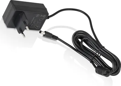 A black power adapter with a cable and plug is shown on a white background.