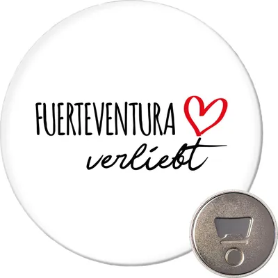 Produktbild von Huuraa Magnet Fuerteventura verliebt 59mm Kühlschrankmagnet rund Flaschenöffner Geschenkidee
