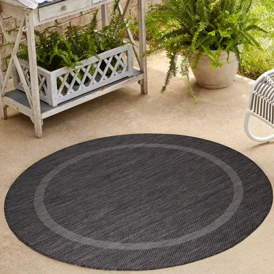 Produktbild von Homebyhome In- & Outdoor Teppich - Wetterfestes Flachgewebe in Sisal-Optik mit Bordüre, Küchenteppich, Terrasse, Wohnzimmer Grösse: 200 cm Rund