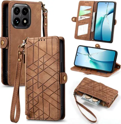 Produktbild von Für Xiaomi 15T 5G Geometric Design Kunstleder Zipper Book Wallet Tasche Braun