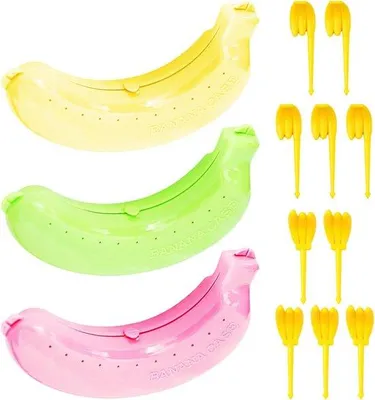 Produktbild von Famanu Bananenbox Set – 3 Stück in verschiedenen Farben mit 10 Fruchtgabeln