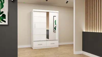 Produktbild von Easy4You Florence Weiß Schiebetürenschrank Kleiderschrank 150x218x61 cm mit Spiegel - Schlafzimmermöbel, Aufbewahrung – Mehrzweckschrank mit 2 Schubladen und 2 Kleiderstangen