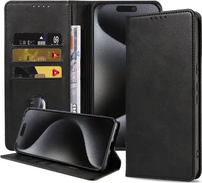 Immagine prodotto di Smartphonica Custodia per telefono adatta per iPhone 15 Pro Custodia in ecopelle con chiusura magnetica e portacarte Custodia a libro con patta - Nero