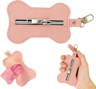Imagen del producto de Soporte de bolsas para excrementos de perro, de cuero, color rosa, con cremallera y mosquetón, ideal para dueños de perros