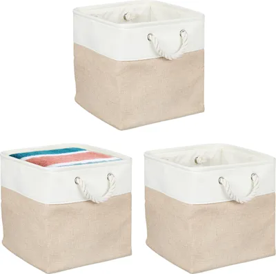 Obrázok produktu pre Úložný košík Relaxdays, sada 3 ks, ľan, s lanovými uchami, na oblečenie, hračky, 30 x 30 x 30 cm, košík na poličku, béžová/biela