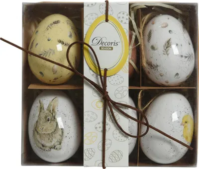 Produktbild von Ostereier zum Aufhängen mit Federn und Tiere Motiv 7,5cm Mix 6 Stück
