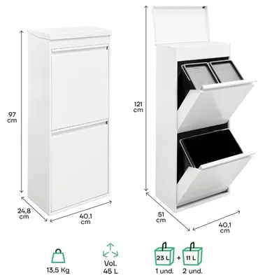 Immagine prodotto di Contenitore per rifiuti - Bidone dei rifiuti - Contenitore per rifiuti - Contenitore per la raccolta differenziata - Contenitore per rifiuti di grandi dimensioni - 3 scomparti (45 litri)