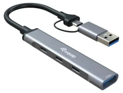 Produktbild von Equip 4-Port USB 3.2 Gen 1/2.0 Hub, USB-C x 3 + USB-A x 1, USB 3.2 Gen 1 (3.1 Gen 1) Type-C, USB 3.2 Gen 1 (3.1 Gen 1) Type-A, USB 3.2 Gen 1 (3.1 Gen 1) Type-C, 5000 Mbit/s, Grau, Aluminium, China