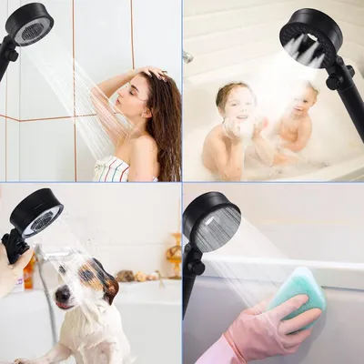 Produktbild von 3-in-1 wassersparender Duschkopf doppelseitig - 1,5 m Schlauch - Druckerhöhend - 2 Filter - Schwarz