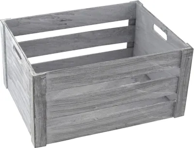 A wooden crate with a distressed gray and white finish, shown from a slightly elevated side angle.