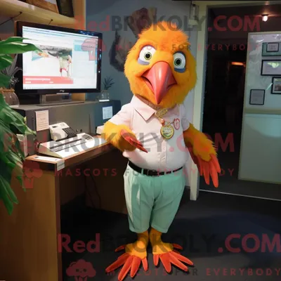 Immagine prodotto di Personaggio mascotte REDBROKOLY di un pappagallo color pesca vestito con bermuda e fermacravatta