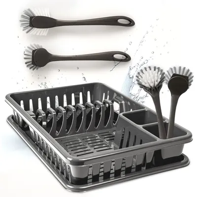Produktbild von Hausfelder Geschirrabtropfkorb Set (Vorteilspack mit Geschirrbürsten, SpaceBlack)