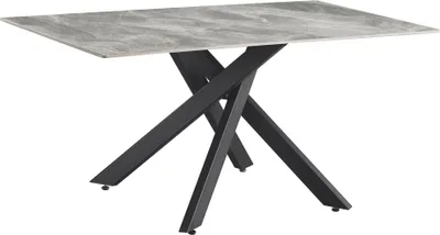A rectangular dining table with a marble-effect top and a black, X-shaped base, shown against a white background.