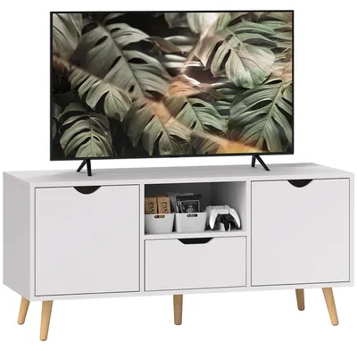 Immagine prodotto di Mobile TV Max 50" con Cassetto, Ripiano Aperto e Armadietti 110x40x50 cm Bianco e Legno