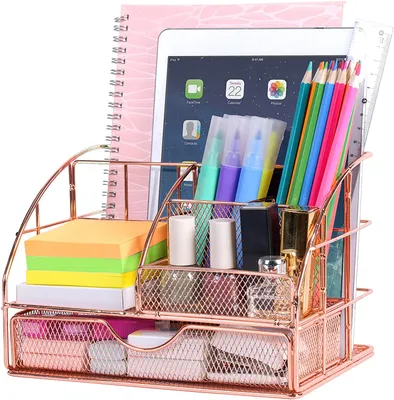 Produktbild von Schreibtisch Organizer Büro Organizer in Roségold Multifunktionales Organisator Stifthalter Unterlagen Organizer Ablagefach und Schublade aus Metall für Büro, Schule und Haushalt
