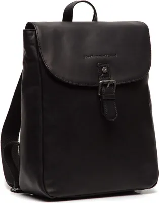 A black leather backpack shown from the front.